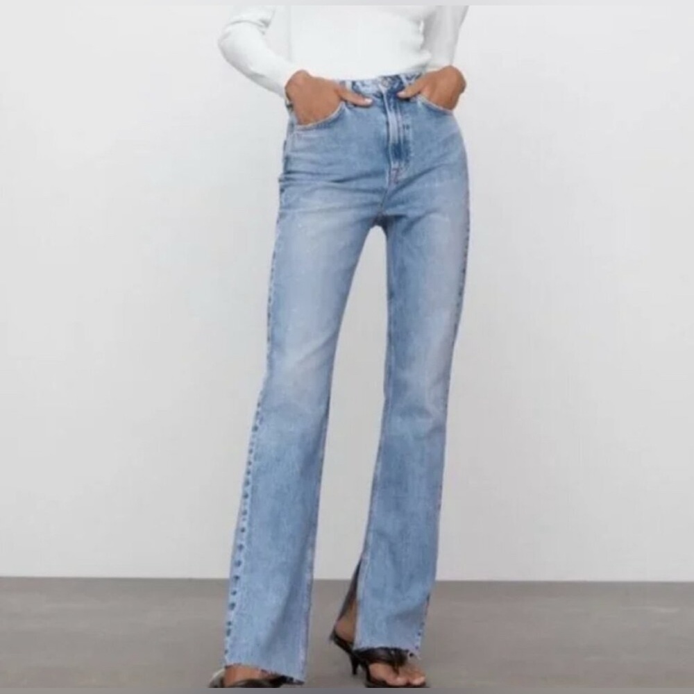Zara Distressed Denim Split Flare Jeans US Sz 6 Grunge Preppy Eclectic Grandpa - Picture 2 of 13